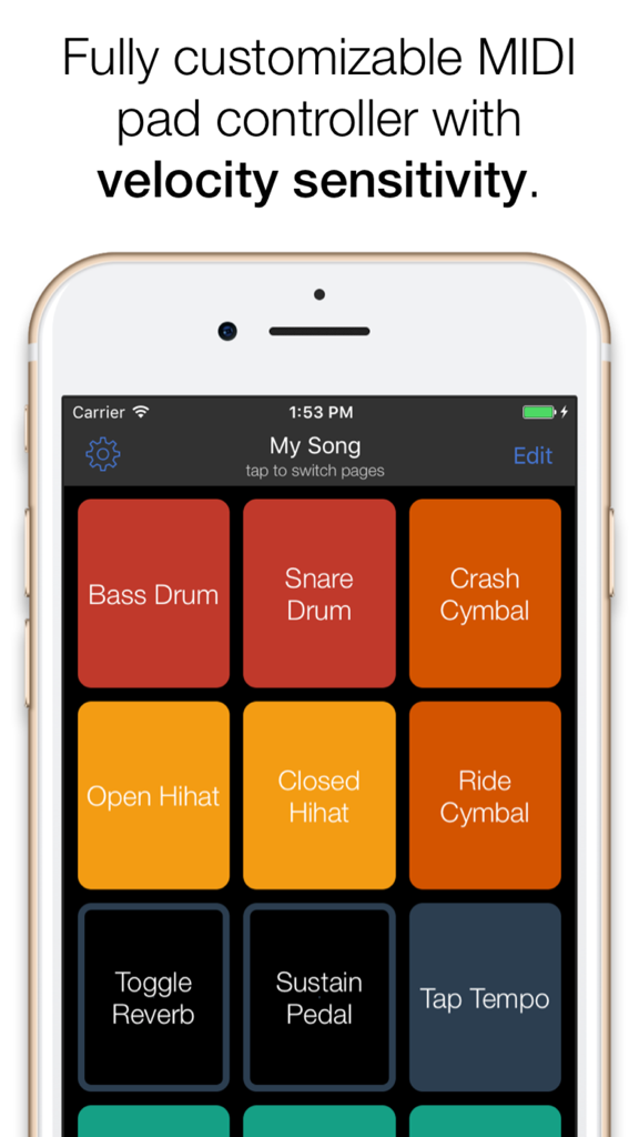 MidiPad 2 app interface on iPhone showing a grid of colorful drum pads including bass drum snare and hihat