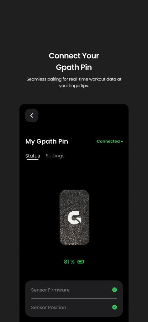 Gpath - Pantalla de la aplicación Gpath mostrando el estado de la conexión y la vida útil de la batería del sensor de hardware Pin Gpath.