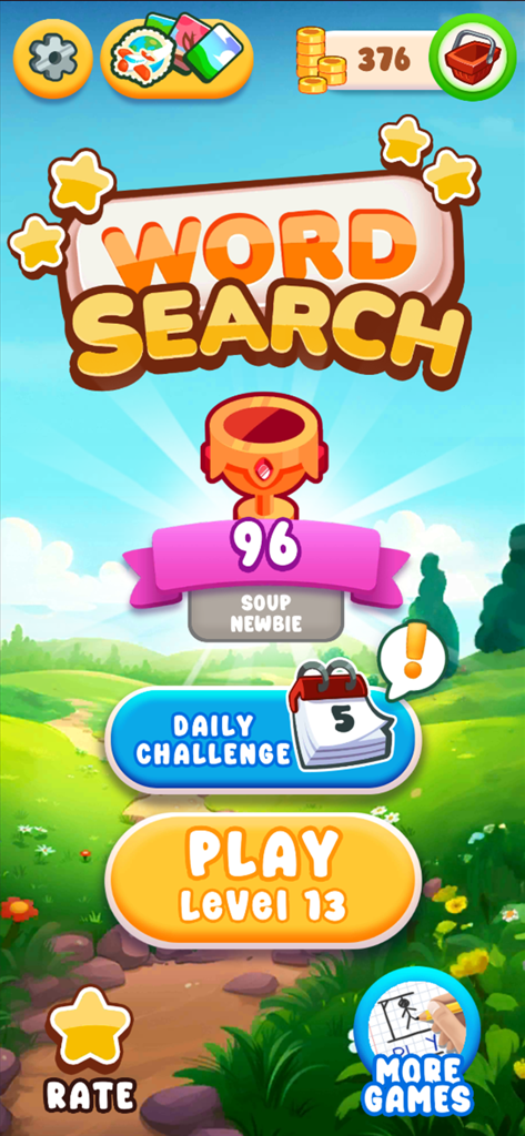 The home screen of the Word Search English app featuring a play button and daily challenge icons set against a bright green landscape background.