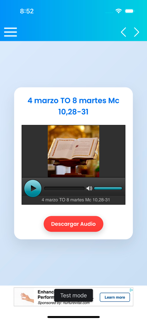 Evangelio del dia Explicado - Schermata dell'app mobile che mostra un lettore audio del Vangelo quotidiano con un pulsante rosso di download in spagnolo.