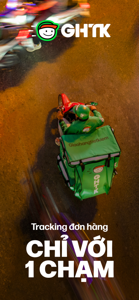 Top view of a GHTK courier on a motorbike with a green delivery box and order tracking text