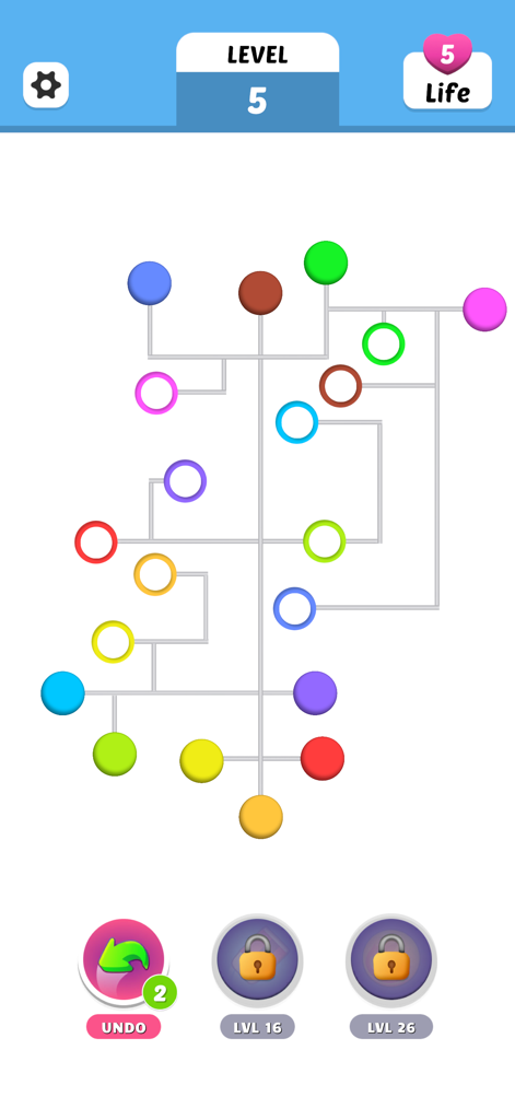 Color Dots! - Gameplay screenshot of Color Dots showing colored circles connected by lines to matching hollow slots on Level 5.