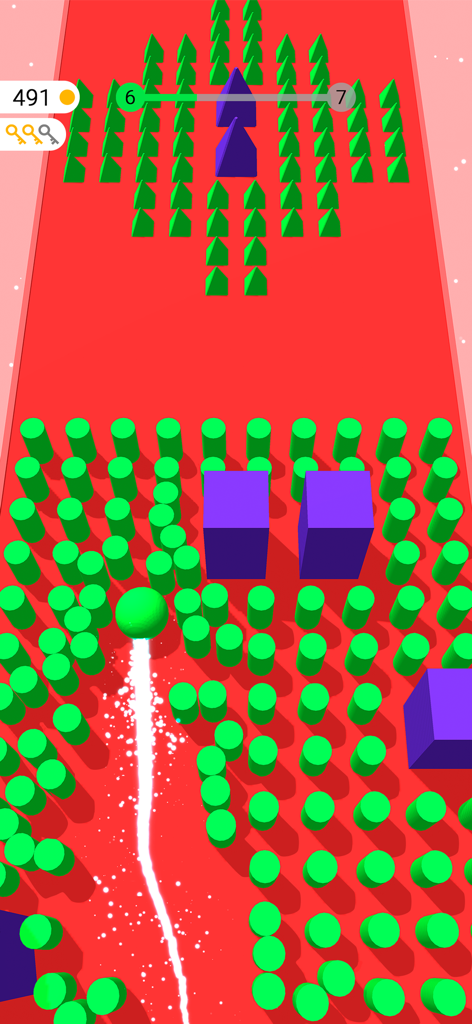 Green ball moving through green cylinders and blue blocks on a red track in Color Bump 3D