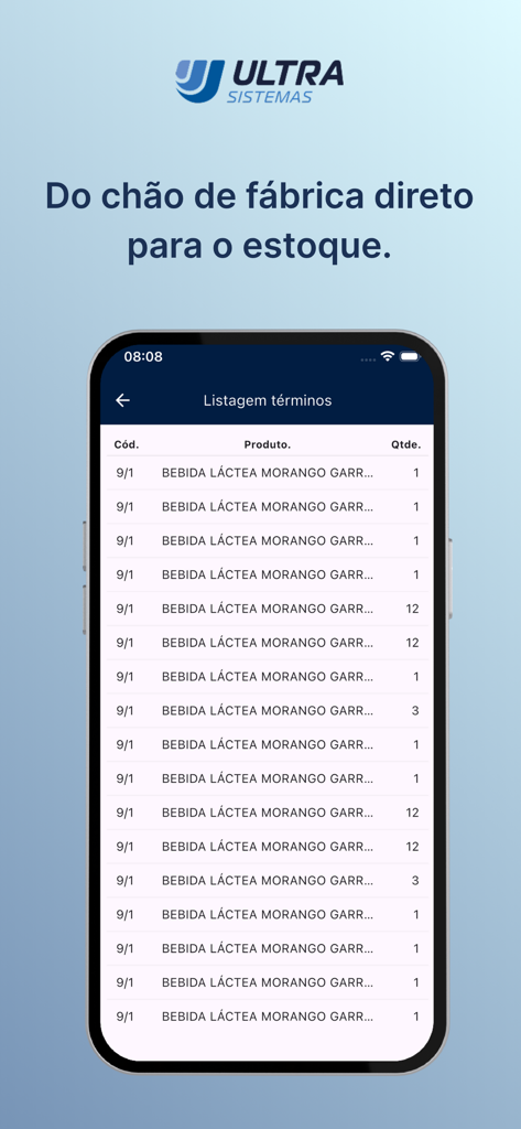 Ultra Prod App Bildschirm, der eine Produktionsabschlussliste mit Artikelcodes und Mengen anzeigt