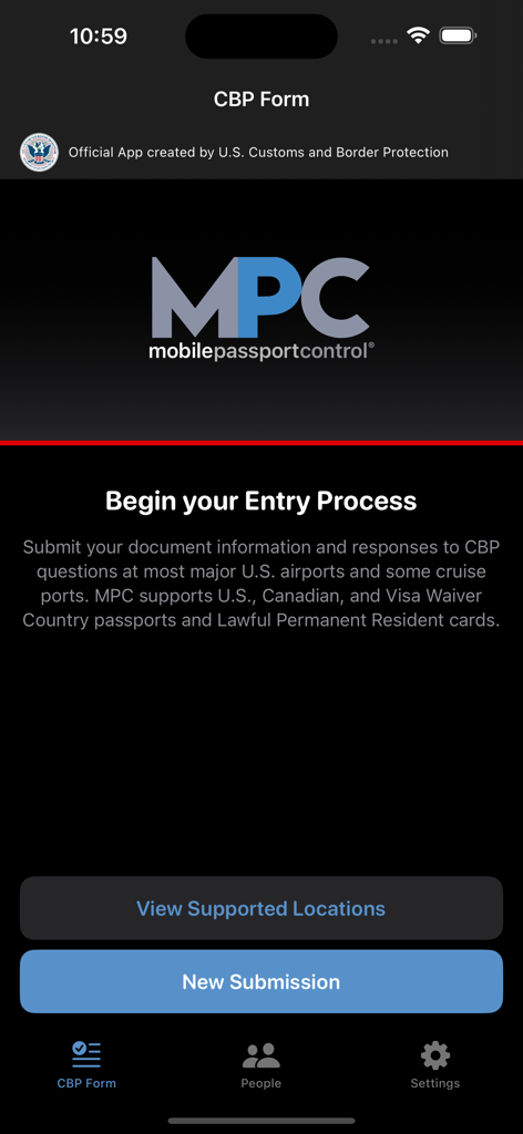 The home screen of the Mobile Passport Control app featuring the MPC logo and options to begin the entry process or view supported locations.