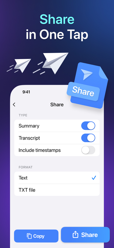 AI Transcribe: Voice to Text ⋆ - Sharing options screen in the AI Transcribe app showing toggles for summaries and transcripts