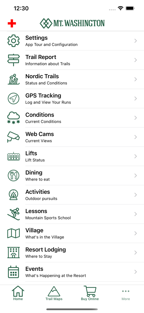 Das Hauptmenü der Mt. Washington Alpine Resort App mit Optionen für Pistenberichte, GPS-Tracking, Liftstatus und Restaurants.