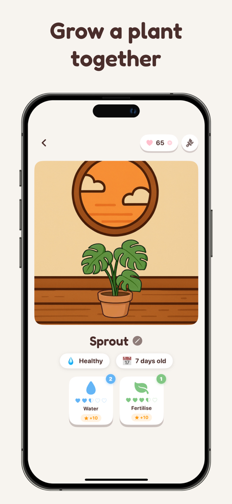 Pookie - Raise a shared pet - Una captura de pantalla de la app Pookie que muestra una planta monstera virtual compartida llamada Sprout con opciones para que las parejas la rieguen y fertilicen juntas.