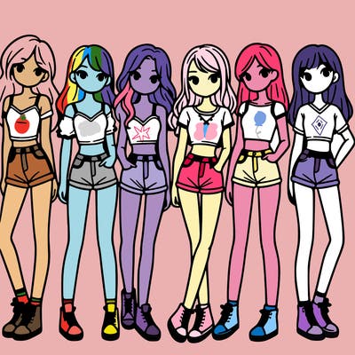 a group of girls wearing crop tops and shorts