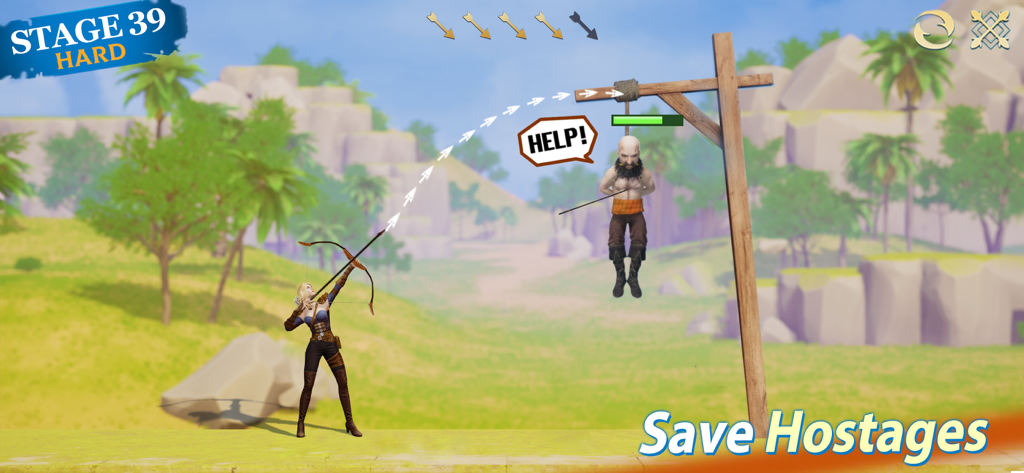 Archery puzzle gameplay in Stormshot showing an archer aiming to free a hostage