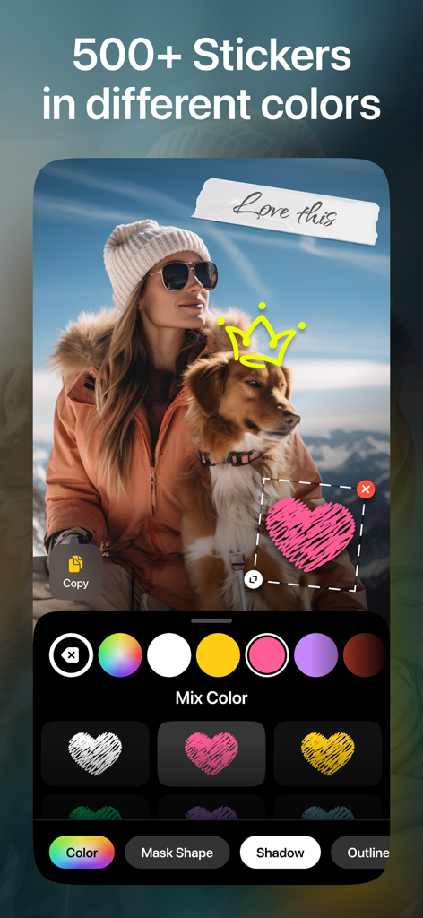 Interface de l'application Leto montrant une photo en cours d'édition avec des autocollants personnalisés et des outils de sélection de couleurs pour les Stories Instagram.