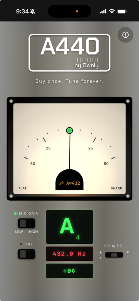 A440 Tuner by Ownly - A440 Tuner by Ownly app interface featuring a professional analog style meter and frequency display set to 432Hz