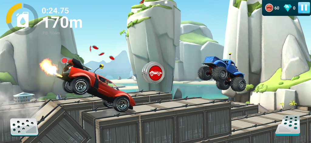 A red supercar and blue monster truck racing on a tropical track over crates in MMX Hill Dash 2.