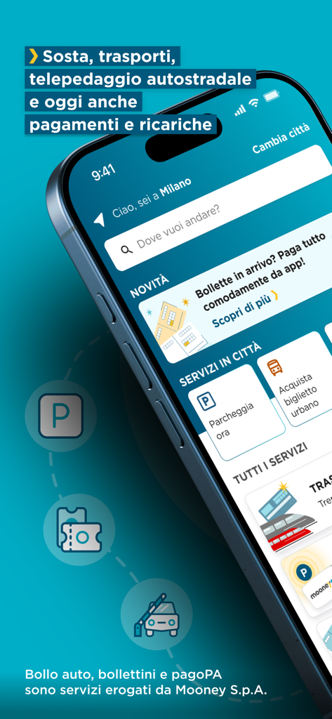 MooneyGo app interface displaying parking and transit options for travelers in Italy
