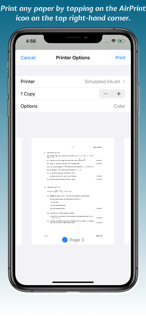 A+Papers: IB Exam Papers - Mobile interface showing the AirPrint options for an IB past exam paper
