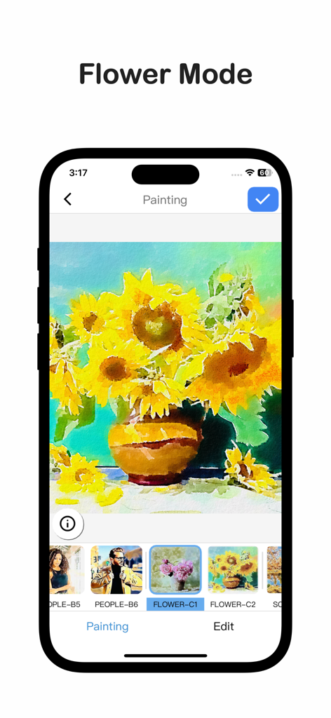 Interfaz de la aplicación que muestra una foto de girasol convertida en una pintura de acuarela usando el Modo Flores.