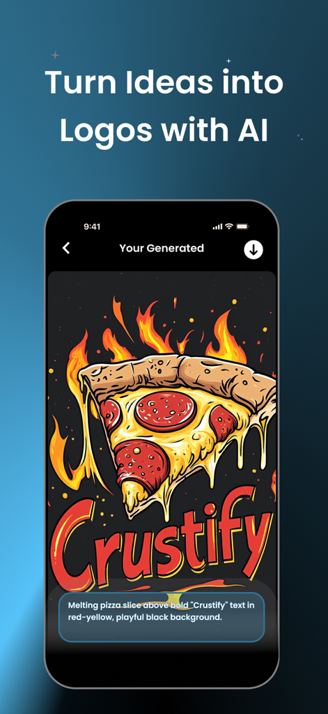 AI Logo Generator ⋅ Logo Maker - Interfaz de la aplicación AI logo generator mostrando un diseño de logo de pizza personalizado para Crustify
