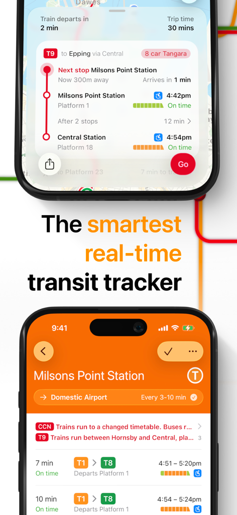 NextThere app interface displaying real time train departures and transit schedules