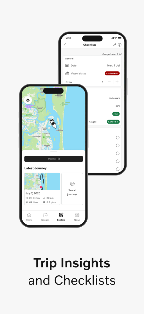 Volvo Penta Easy Connect app displaying boat trip insights and maintenance checklists on two iPhones.