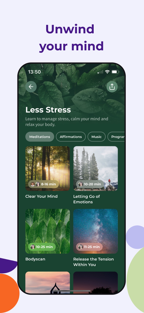 Oberfläche der Guided Meditation++ App, die eine Sammlung von Sitzungen zur Stressbewältigung zeigt, einschließlich Bodyscan und Clear Your Mind