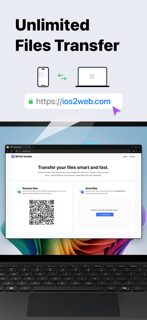 QRコードスキャンを使用してiPhoneとコンピューター間で無制限のファイル転送を行うData Dropアプリを表示。