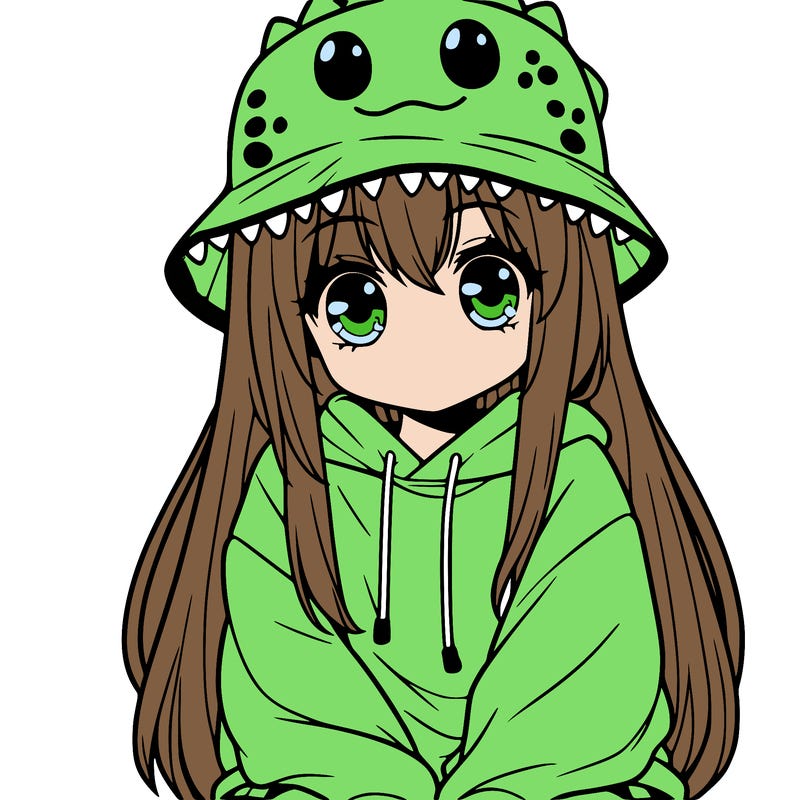 girl with anime shaped eyes with a dinosaur bucket hat oversized sweatshirt long straight hair