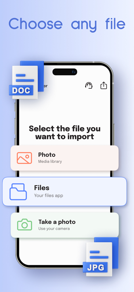 PDF converter interface showing options to import photos and files for conversion