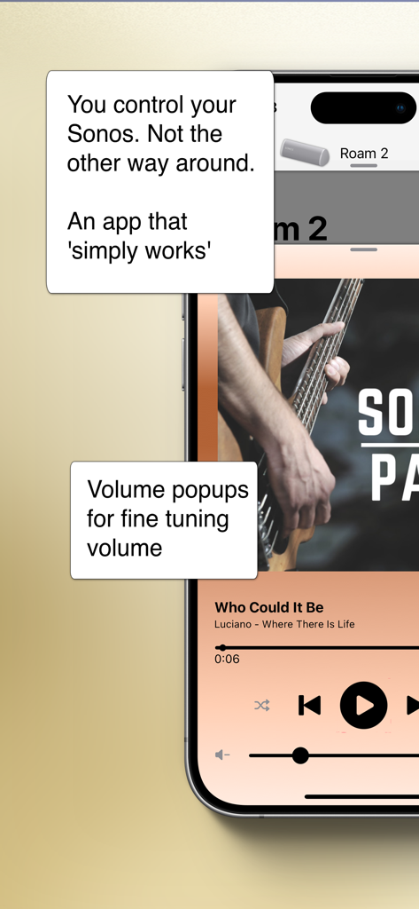 SonoPhone for Sonos - SonoPhone for Sonos app showing music playback controls and volume fine tuning popups for a Roam 2 speaker