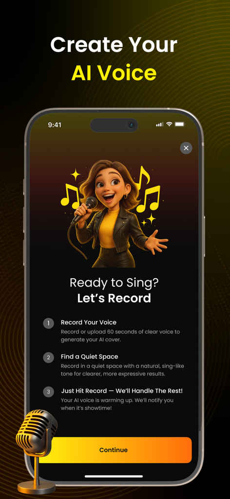 Instructions screen in Jukebox app for recording a voice to create a personalized AI song