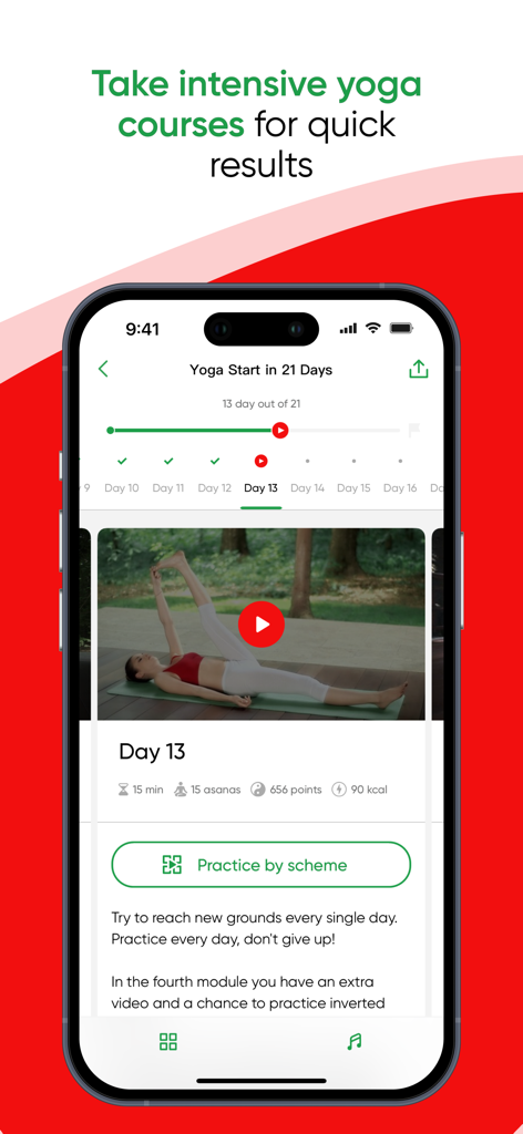 Yoga Club app interface showing a 21 day intensive yoga challenge with daily progress and video classes