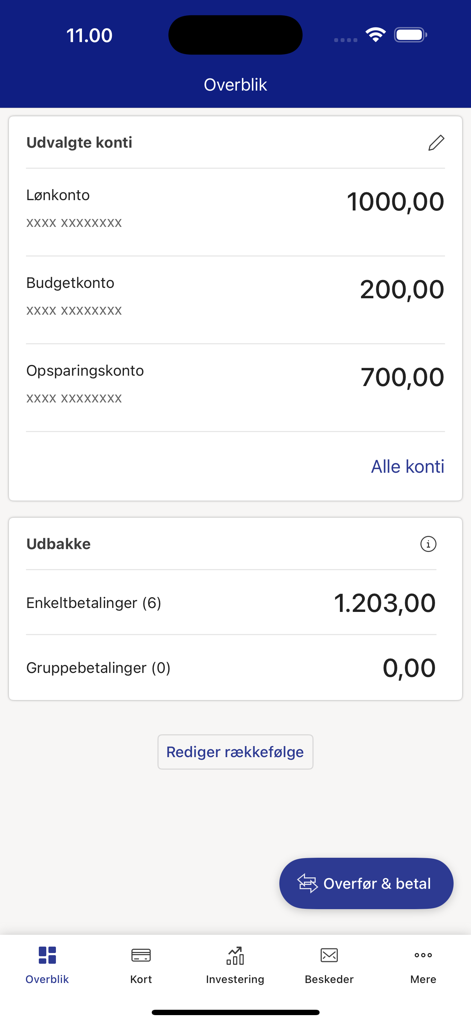 MitNykredit Erhverv - Tableau de bord bancaire professionnel MitNykredit Erhverv affichant les soldes des comptes et la boîte d'envoi des paiements