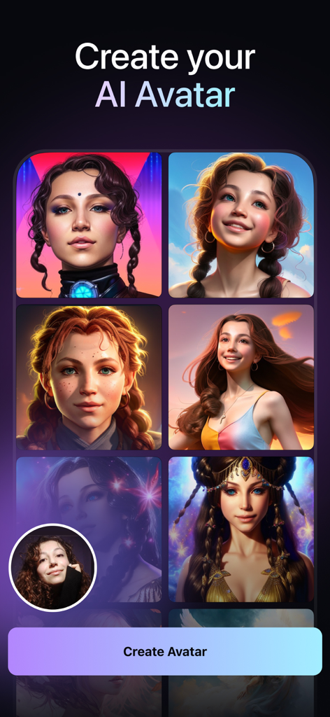 AI Art : Photo Video Generator - Una colección de diversos avatares generados por IA en diferentes estilos artísticos basados en una sola foto fuente