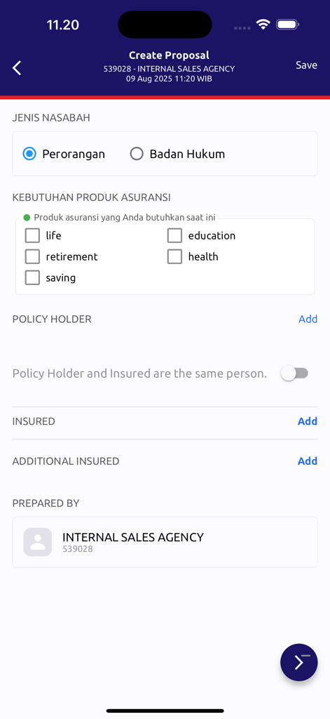 ORION by MSIG Life - Mobile screen showing the insurance proposal creation process in the ORION app with product selection and client details
