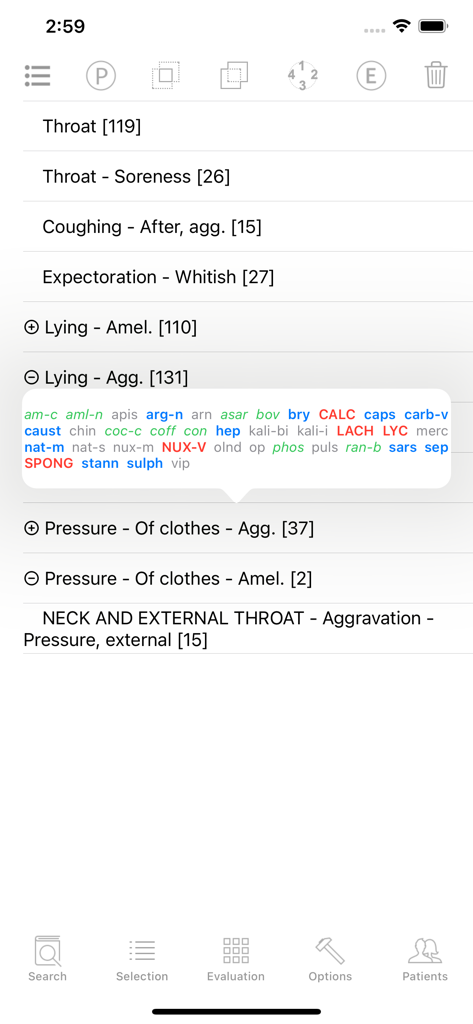 The selection screen of the Boger app displaying symptom rubrics and a detailed remedy list popup.