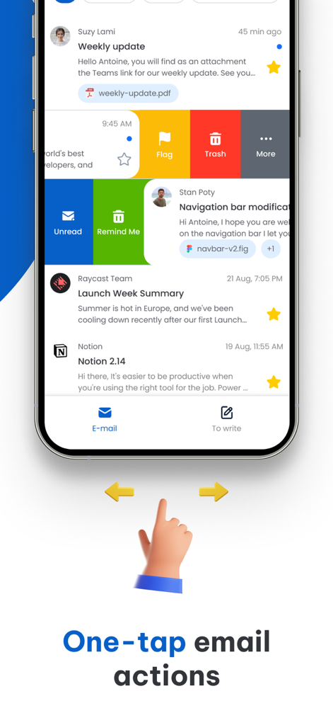 Email App for Hotmail - Interfaz de la app de correo para Hotmail que muestra acciones de deslizamiento de correos con un toque