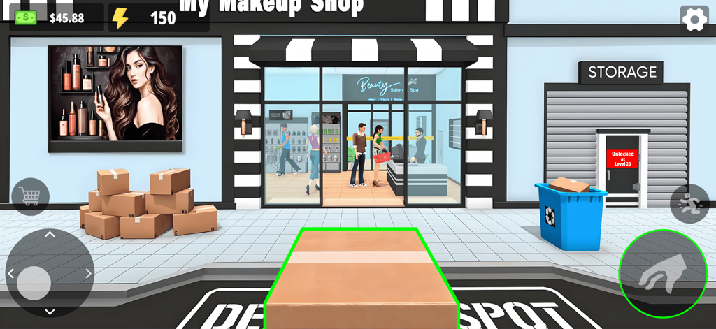 My Makeup Shop Simulator - Exterior view of the beauty boutique in My Makeup Shop Simulator with delivery boxes and customers.