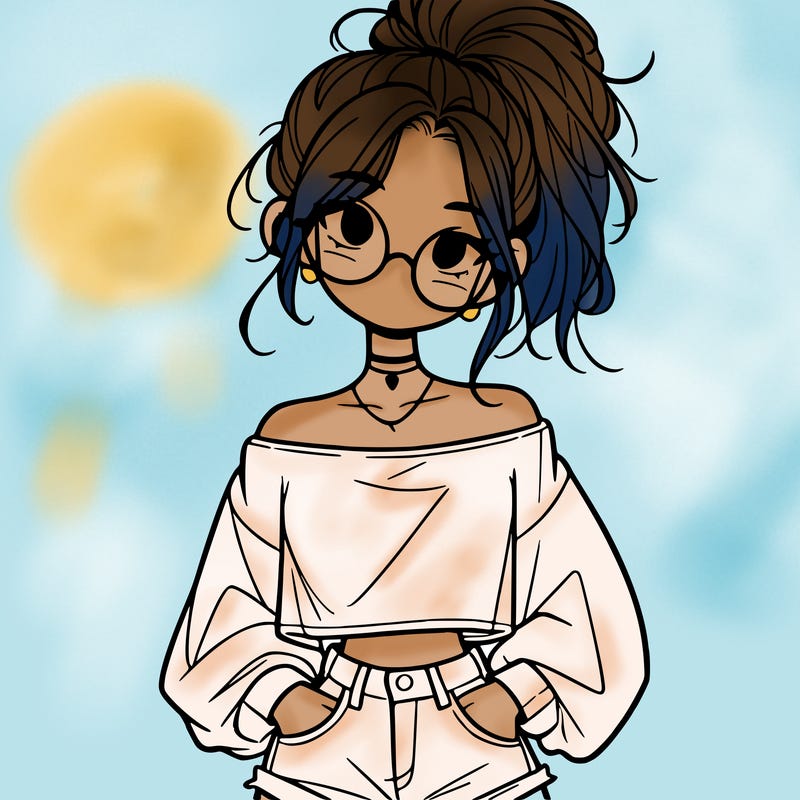 girl with a messy ponytail glasses a baggy crop top and jean shorts