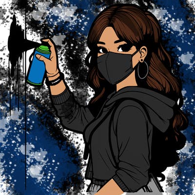 realistic girl with mask spray painting a wall