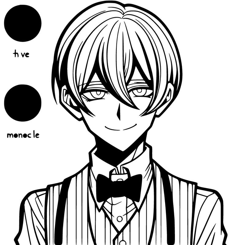 anime style 1920’s man, thin face, eerily smiling, vest, bow tie, with a small monocle and a thin line mustache