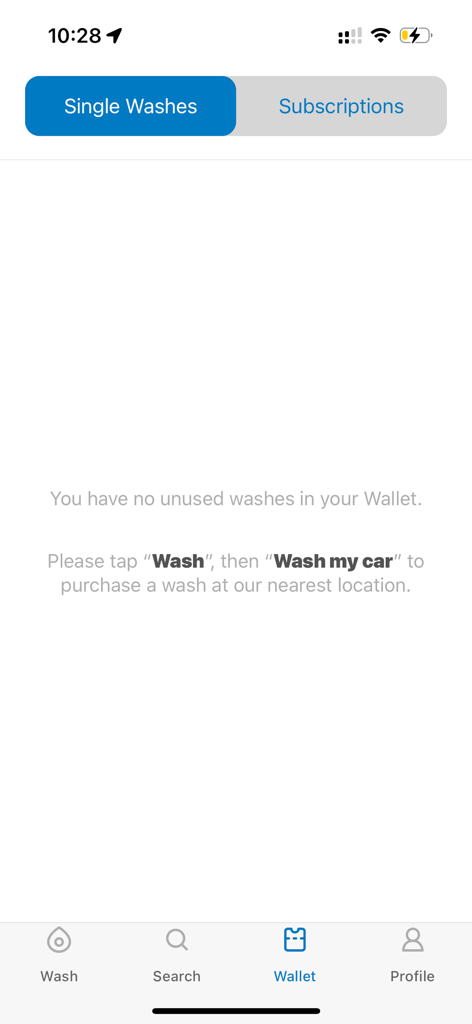 Suds Car Wash - Interface de portefeuille numérique de l'application mobile Suds Car Wash