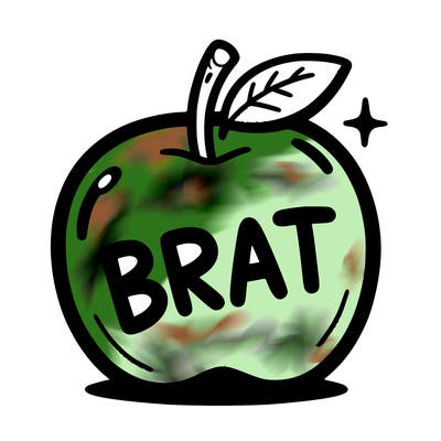 blank apple saying “brat” on it