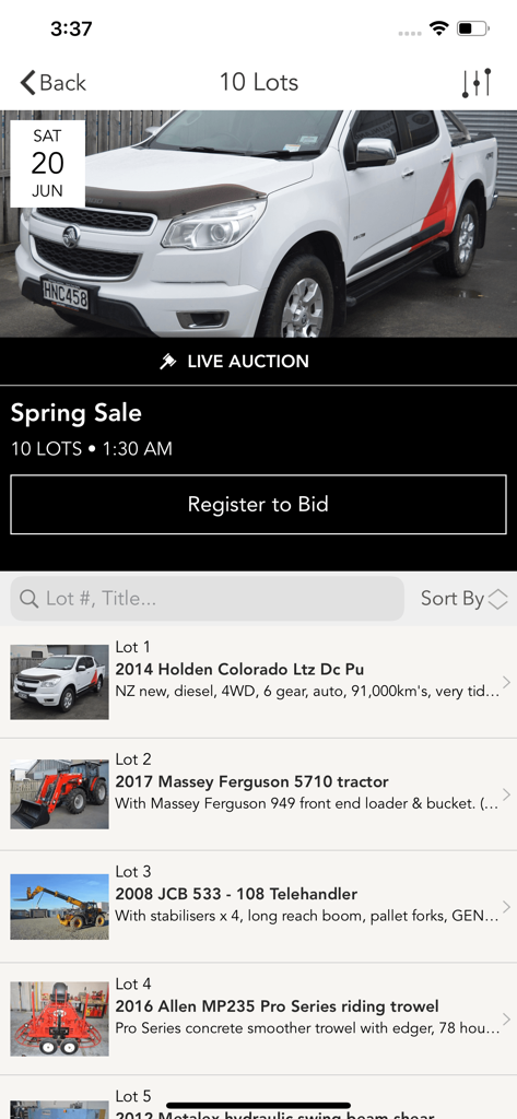 Mainland Auctions app interface displaying live auction lots for industrial machinery and vehicles
