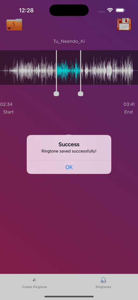 Ringtone Maker - Easy Ringtone - Mobile app interface showing a success message for a saved custom ringtone over an audio waveform
