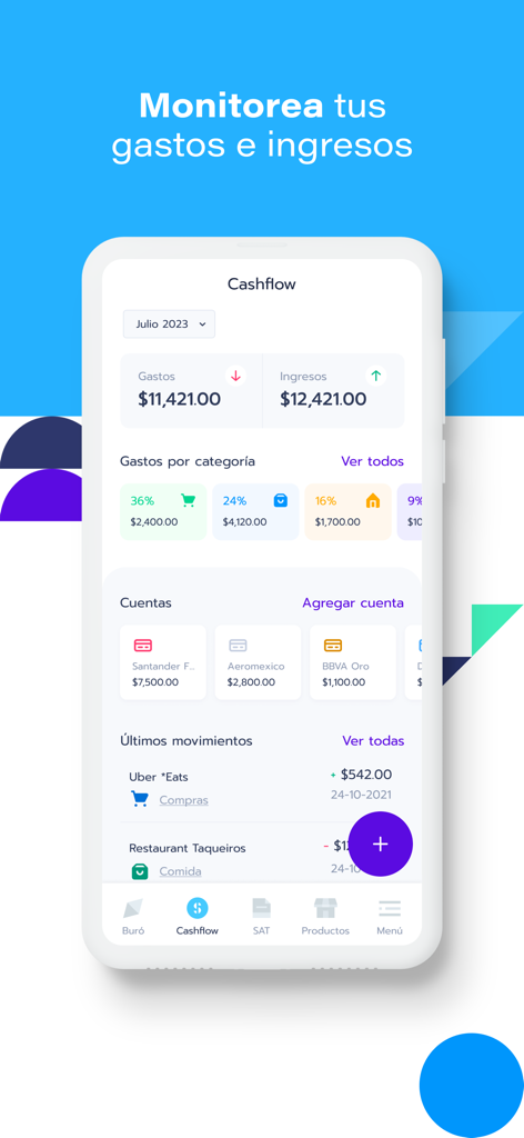 Interface of the Zenfi app showing a cashflow dashboard with monthly income, expenses by category, and recent transactions in Spanish.