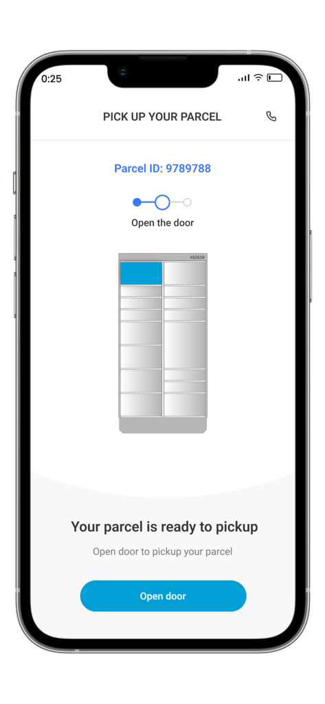 Interface da aplicação Naerboks mostrando uma unidade de cacifo de encomendas com um botão para abrir a porta para recolha.
