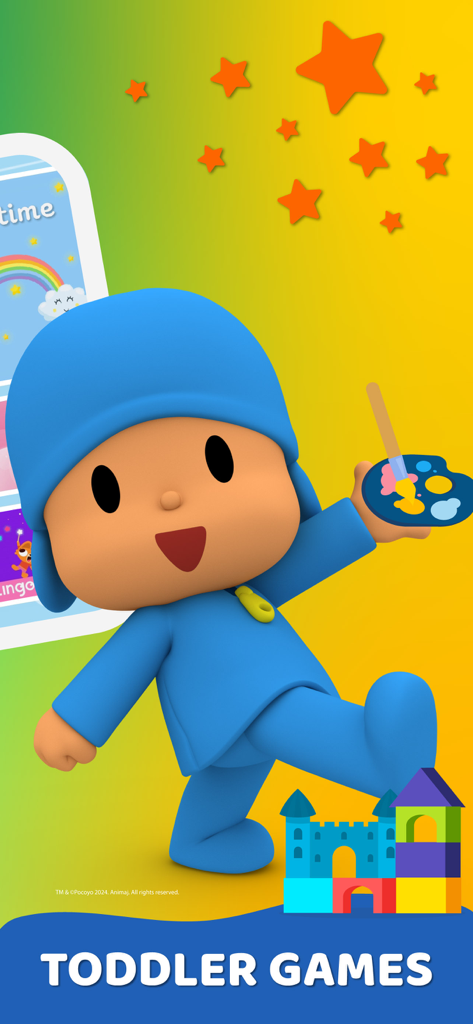 Pocoyo-Charakter hält eine Farbpalette in der TinyBee-App für Kleinkinderspiele.