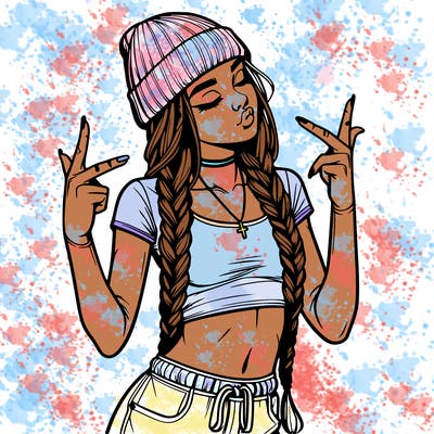 realistic teenage girl with braids and a beanie and crop top doing 🫶🏼