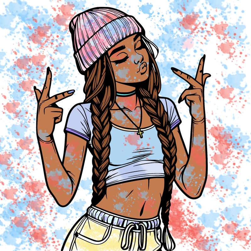 realistic teenage girl with braids and a beanie and crop top doing 🫶🏼