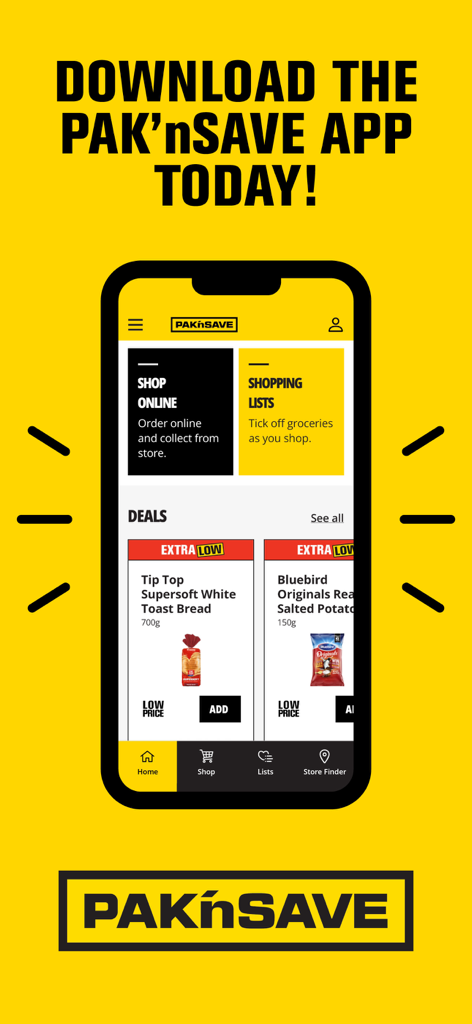 PAK'nSAVE - PAK n SAVE mobile app interface showing shop online and weekly deals on a yellow background