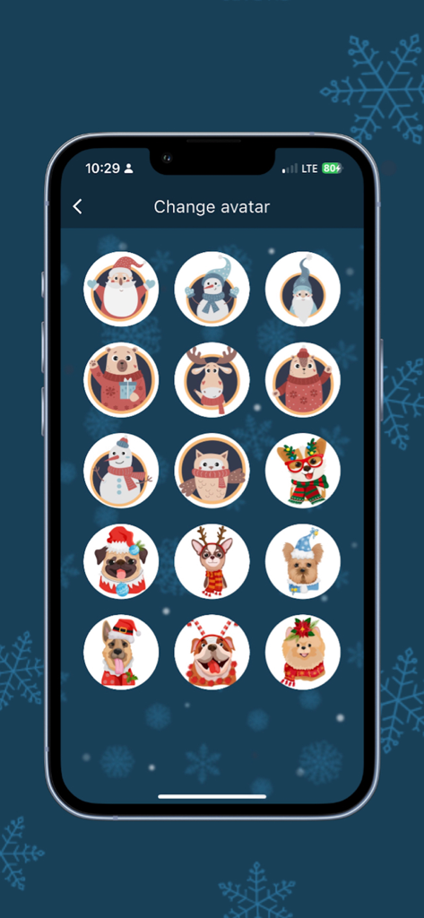 Invisible Friend - Avatar selection screen in the Invisible Friend app featuring various Christmas themed characters and pets.
